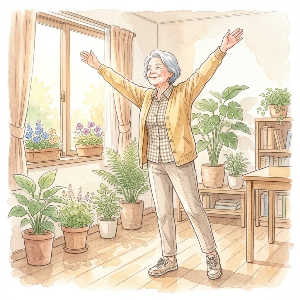 明るい居間で両腕を大きく広げてラジオ体操をする高齢の女性