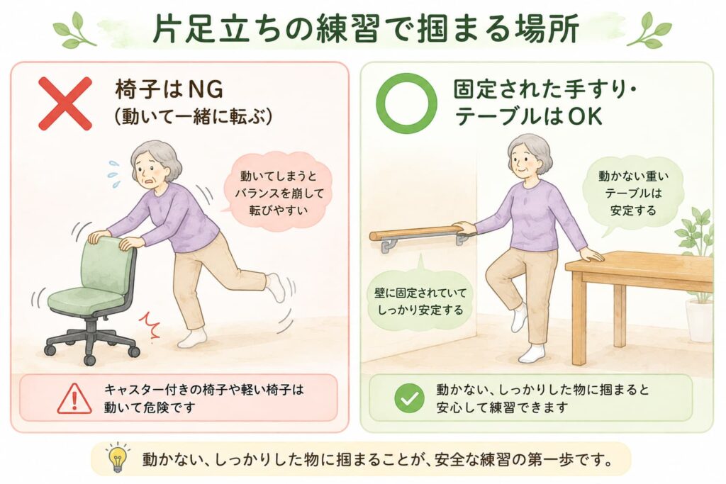 固定された手すりに掴まって安全に片足立ちをする様子