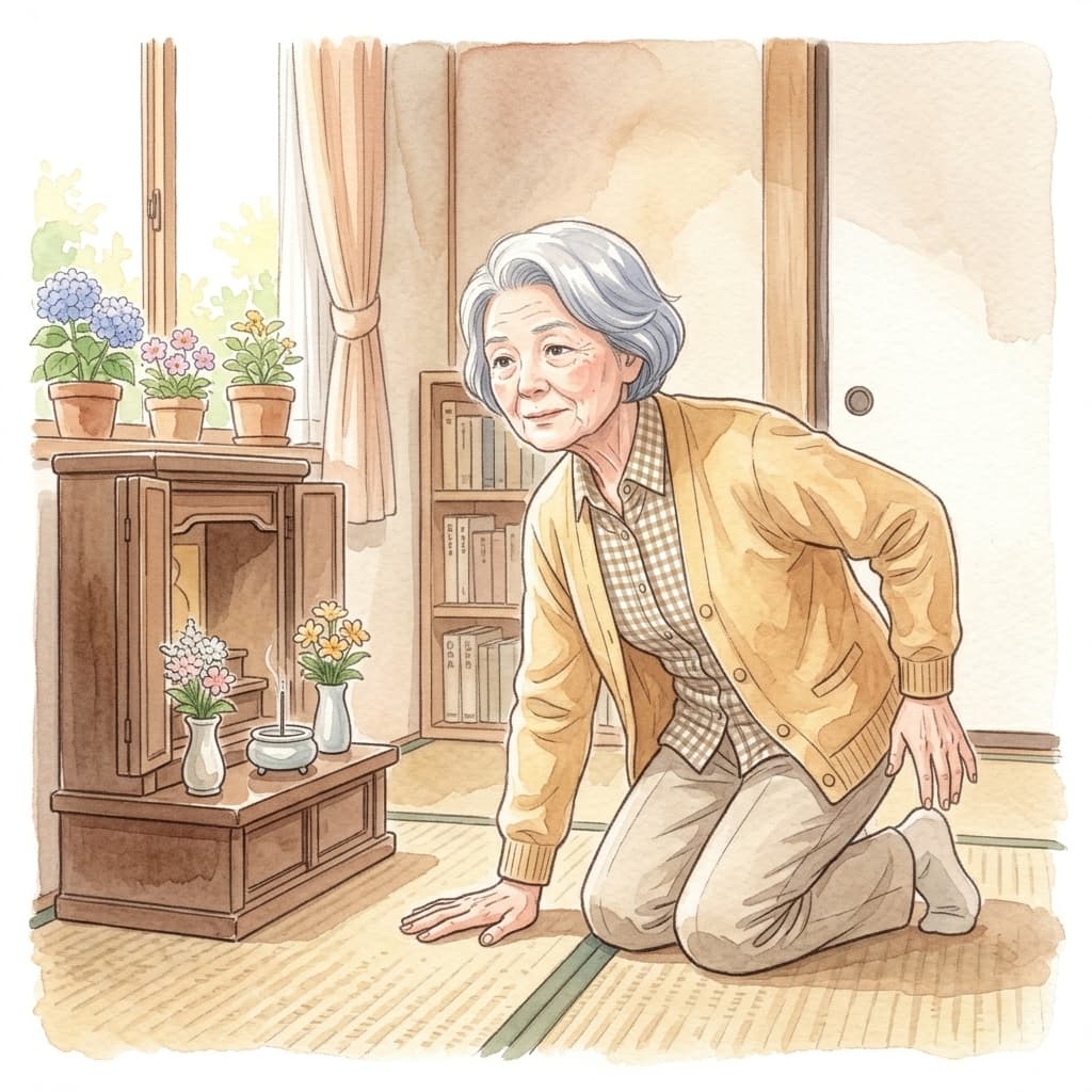 上半身の力が弱まり立ち上がりや起き上がりに苦労する高齢者のイメージ
