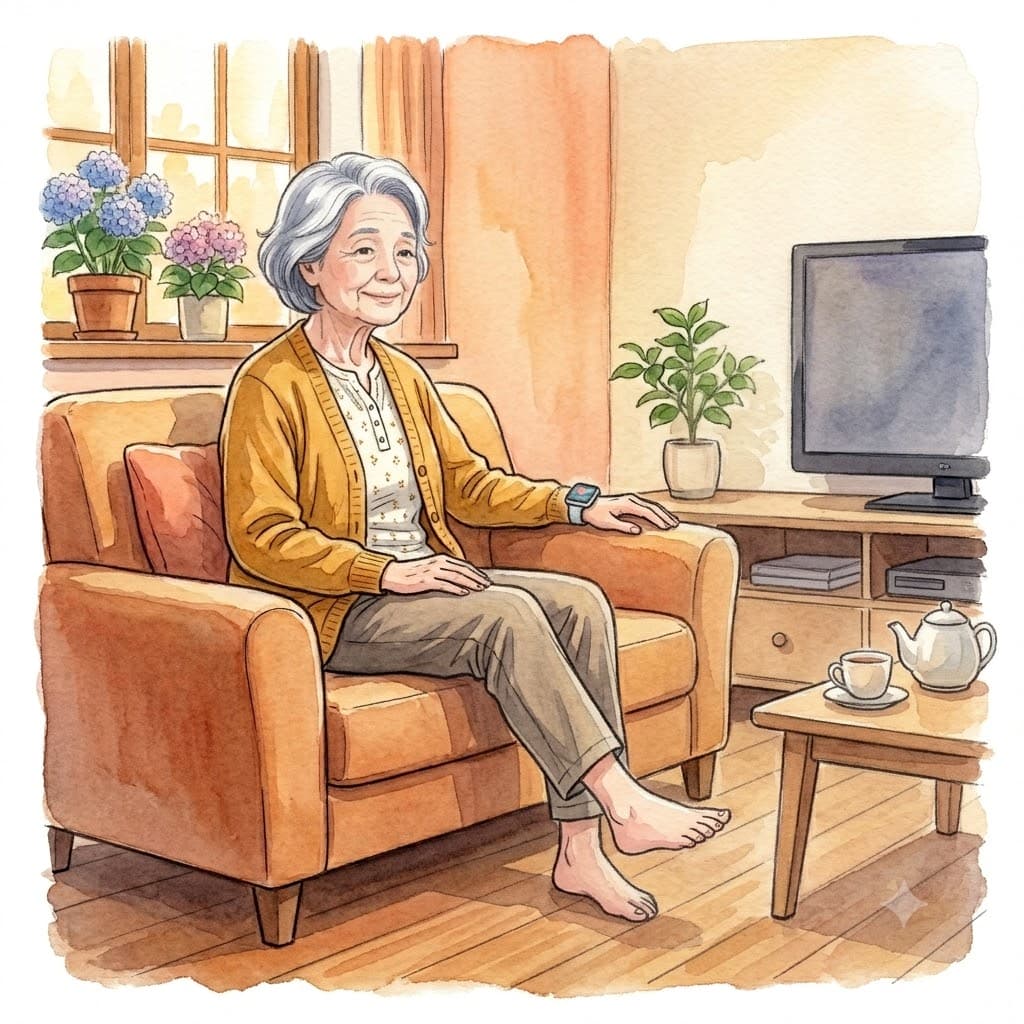 腕にスマートウォッチをつけて自宅で穏やかに過ごす高齢女性