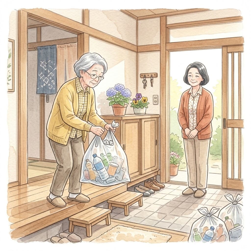 同居しても役割を残し、高齢の親が自分で家事をする様子