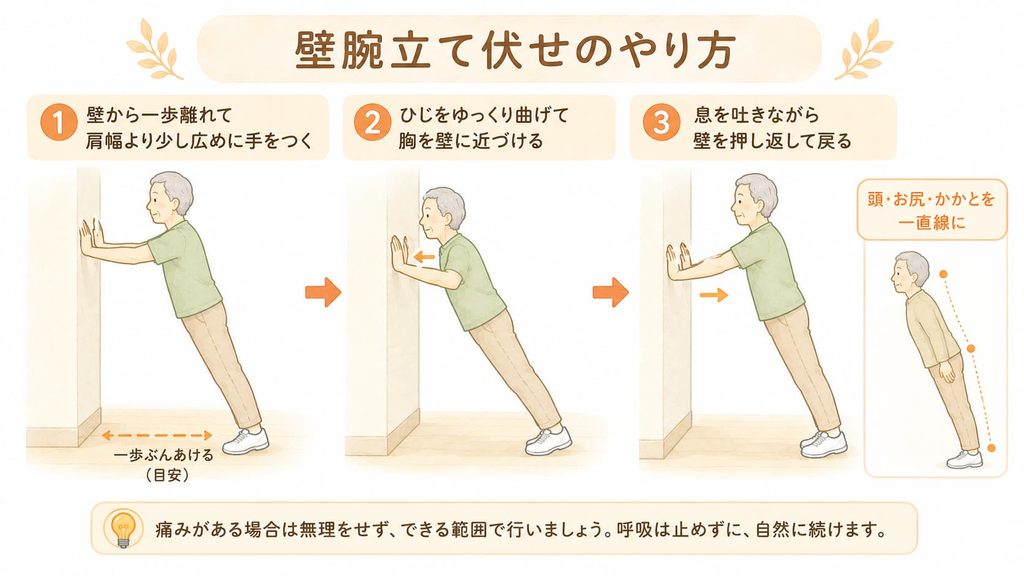 壁に手をついて壁腕立て伏せに取り組む高齢者のイメージ