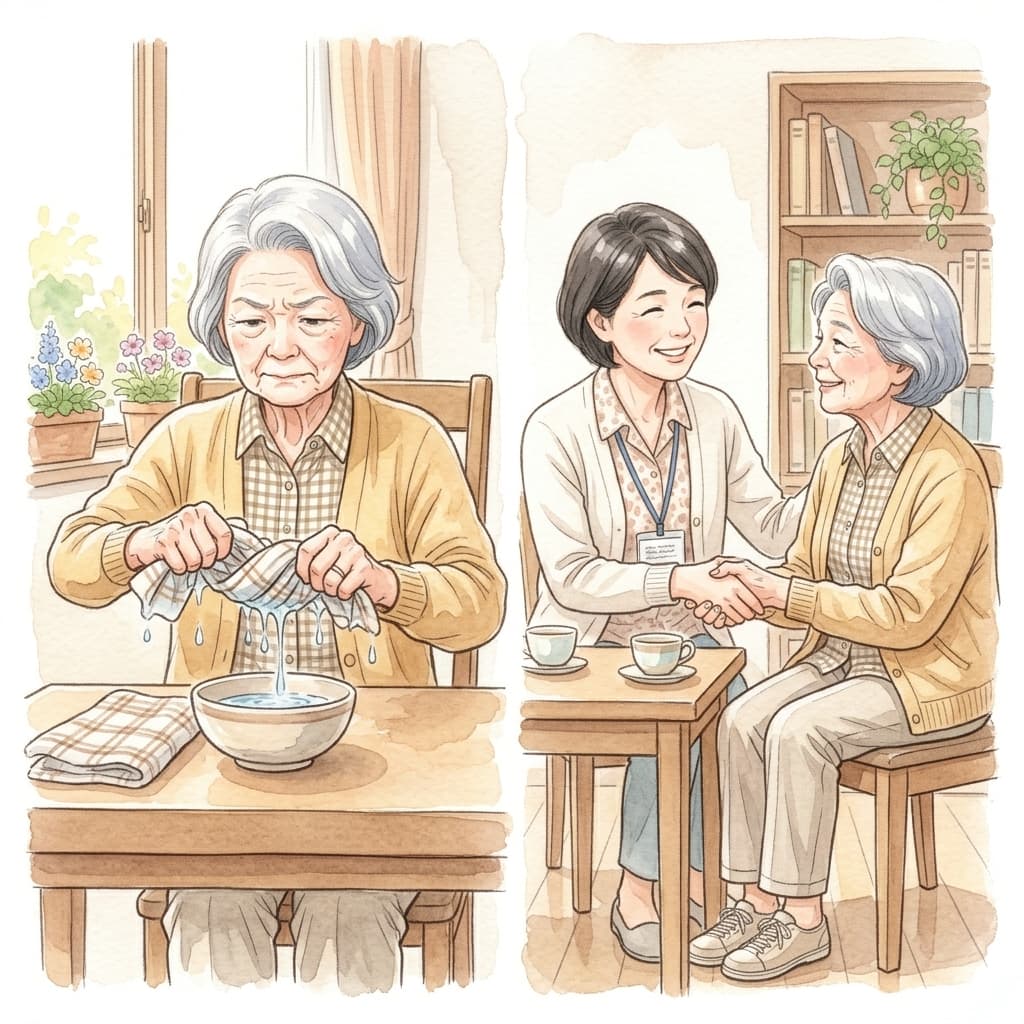 高齢女性がタオルを固く絞り、握手で握る力を確かめる、握力計を使わない簡易チェックのイラスト