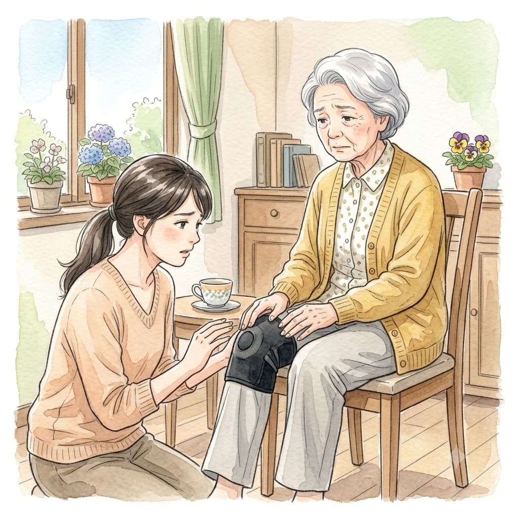 膝にサポーターをつけて座る高齢女性と、心配そうに寄り添う娘世代の女性