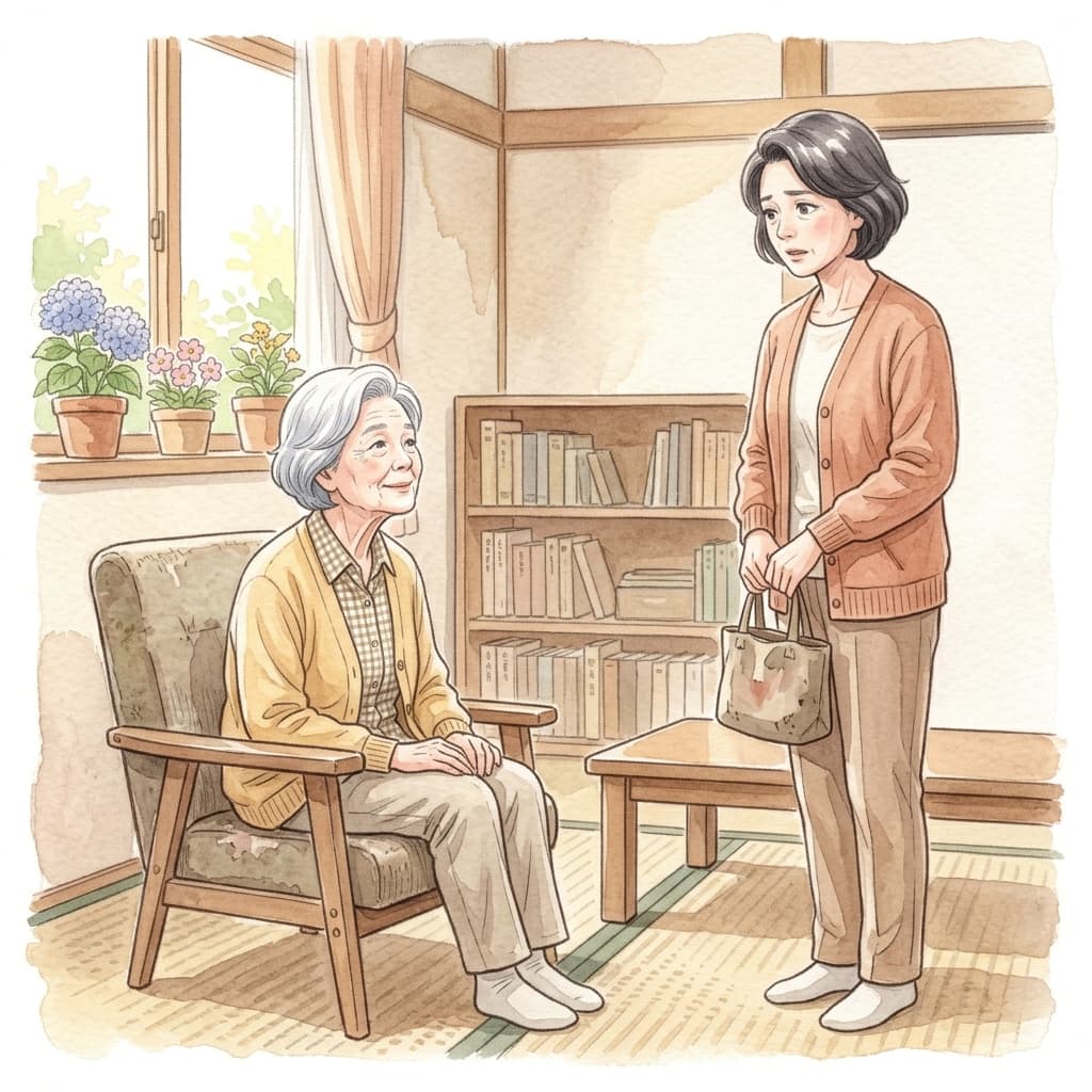久しぶりに帰省し、老いた母を見つめる中年の娘のイラスト