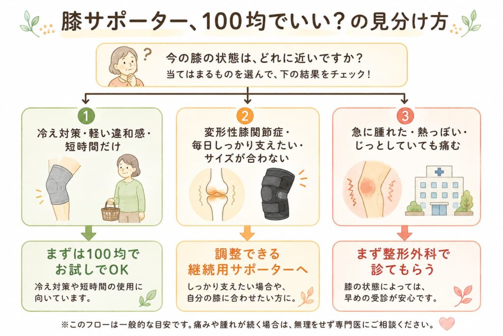 膝サポーターを100均で選んでよいか見分ける判断フロー図