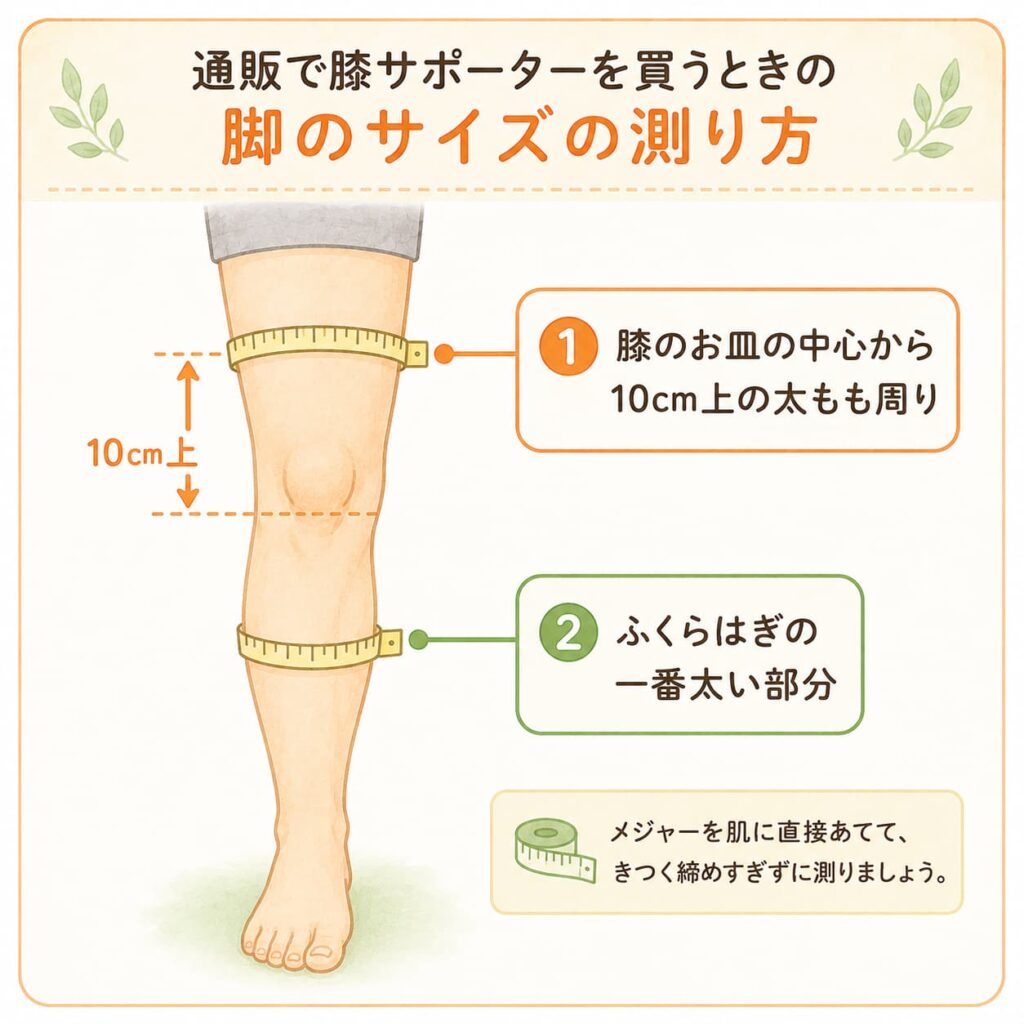 ネット通販で膝サポーターのサイズを選ぶ様子のイラスト