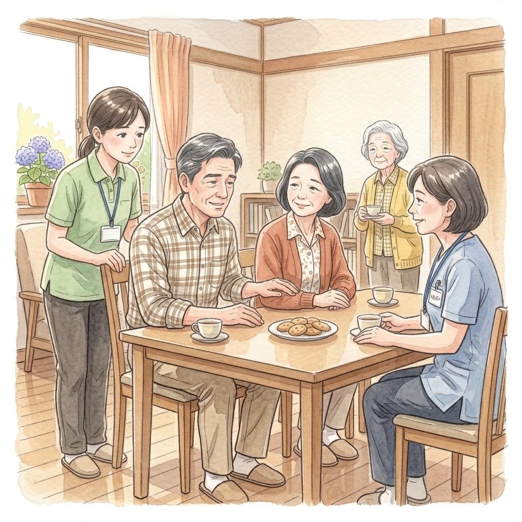 ケアマネジャーなど第三者に支えられ安心する介護者のイメージ