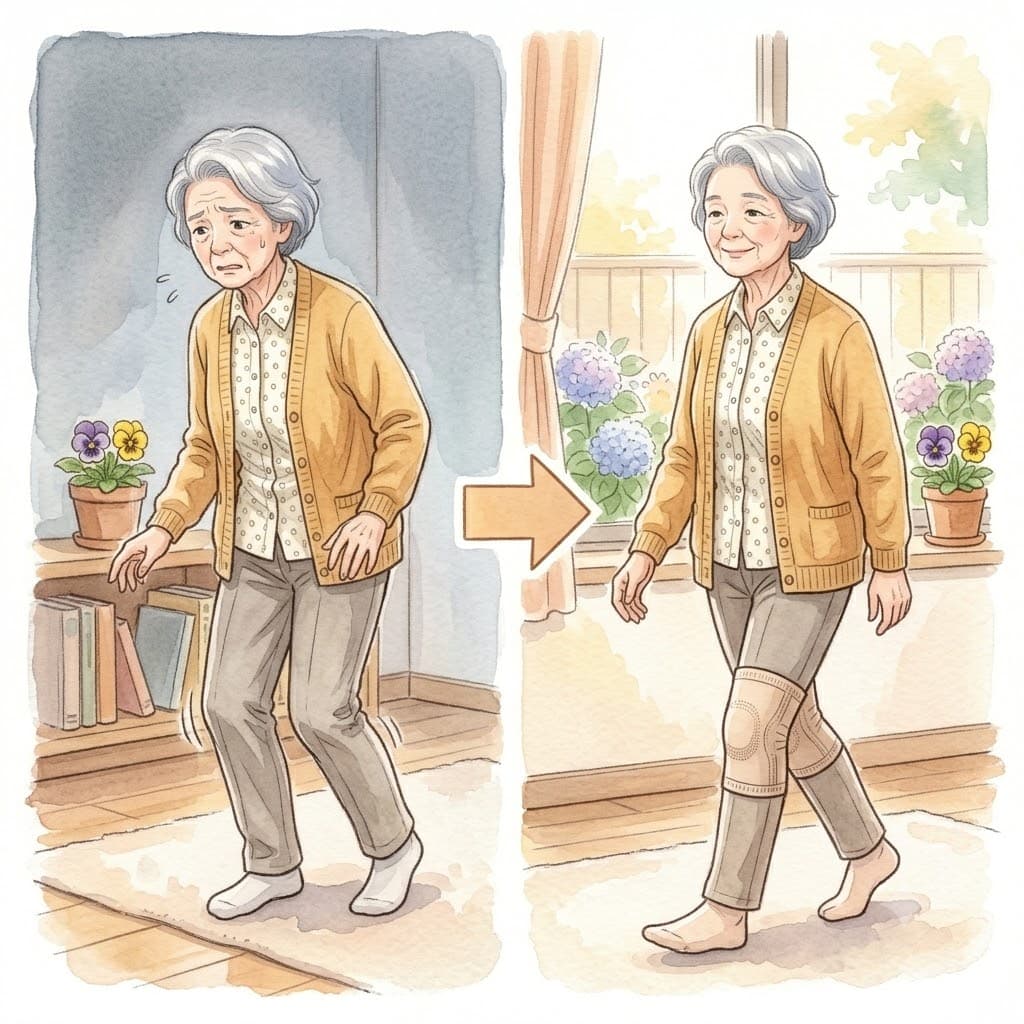 膝サポーターを着けて安定した足取りで歩く高齢の女性