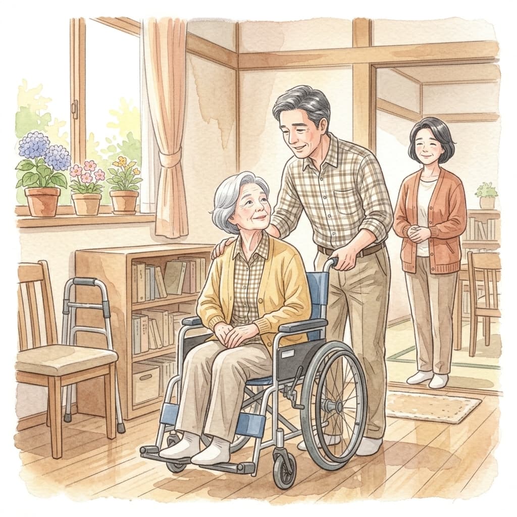夫が親の介護を手伝い妻が見守る様子