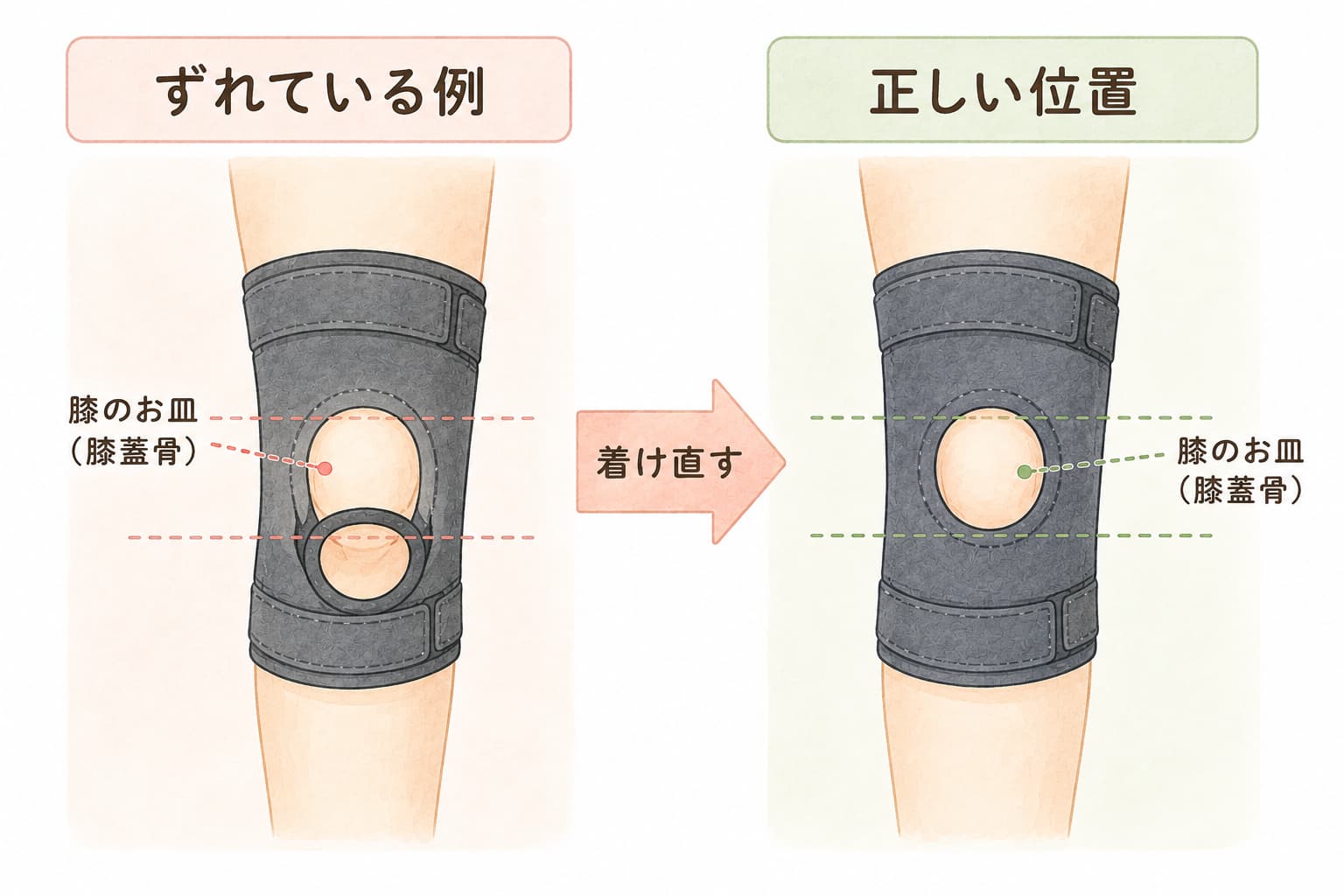 膝サポーターの穴がずれた例と、お皿の位置に合った正しい着け方の比較
