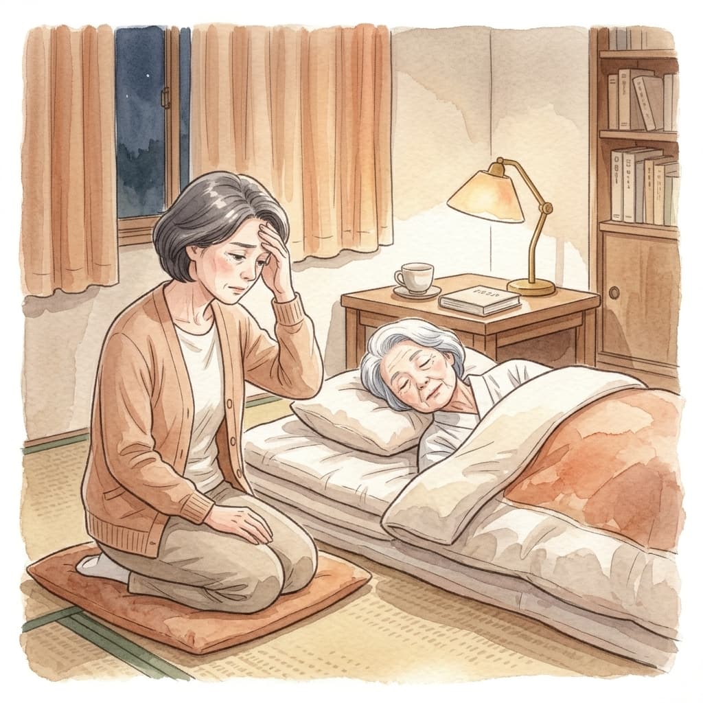 介護に疲れ、夜に一人で親のそばで悩む中年の家族介護者