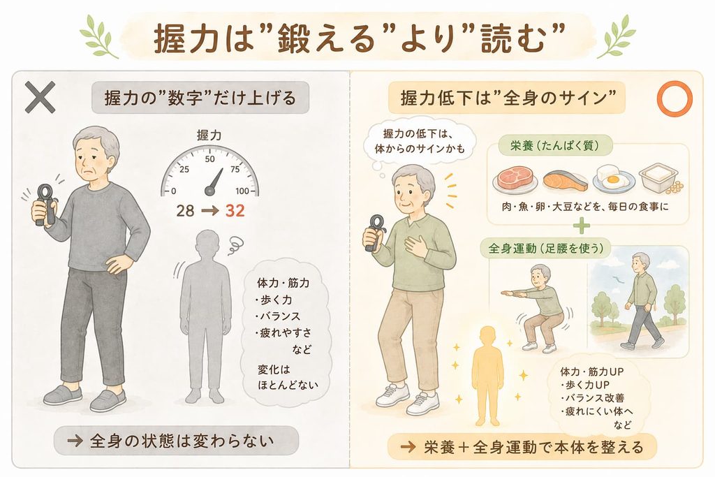 ハンドグリップで握力の数字だけ上げても全身は変わらず、栄養と全身運動で体を整えることを示す比較図