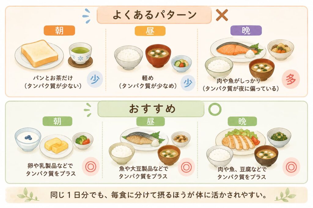 タンパク質を毎食に分けて摂る大切さを示す比較図