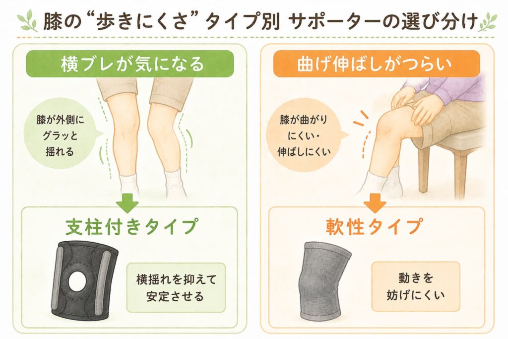 膝の状態に合わせて膝サポーターのタイプを選び分けるイメージ図