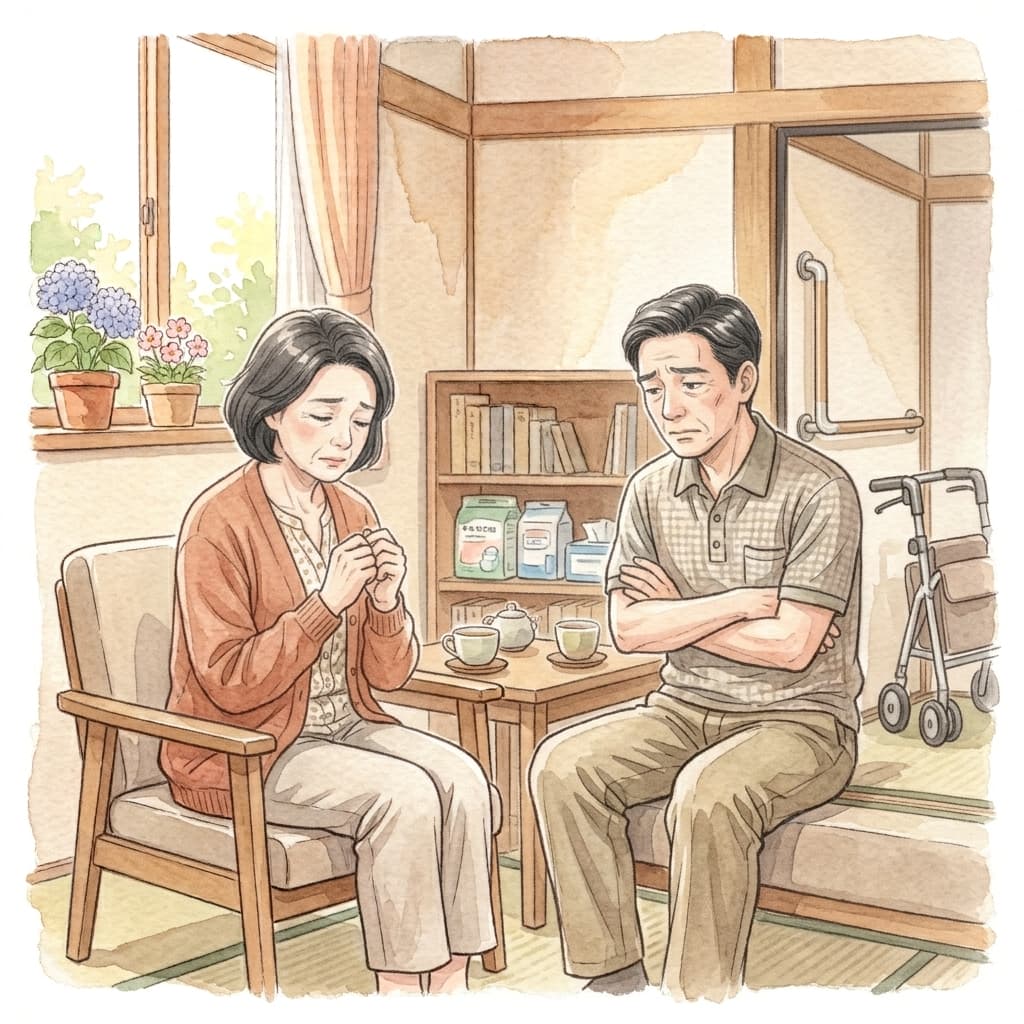 介護をめぐってすれ違う中年夫婦のイメージ