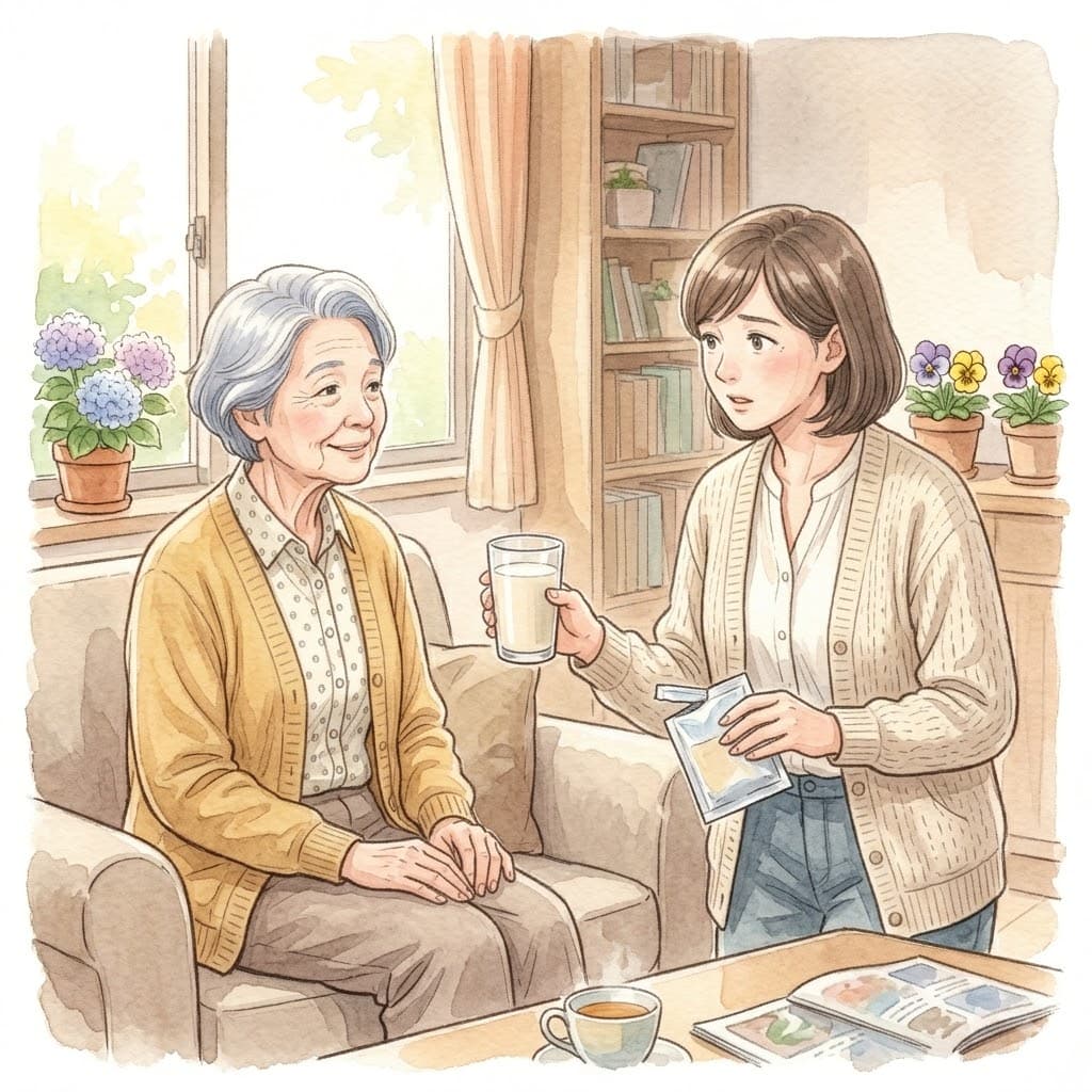 ソファに座る高齢の母に娘がプロテイン飲料を手渡す様子