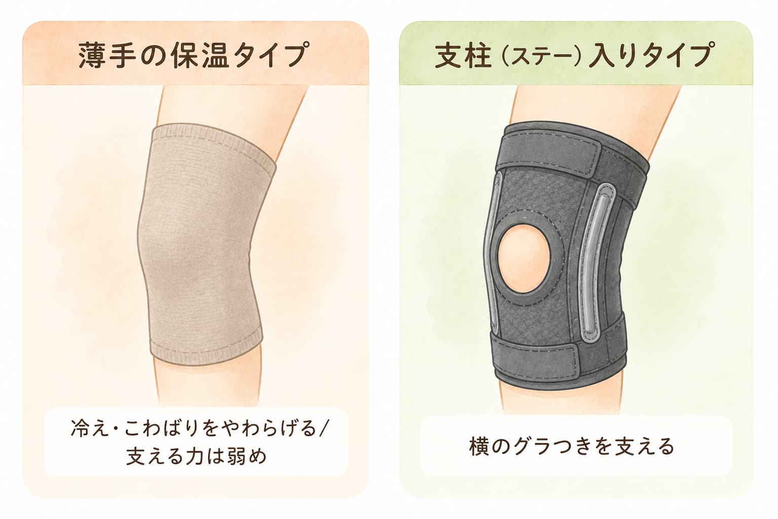薄手の保温タイプと支柱(ステー)入りタイプの膝サポーターの比較