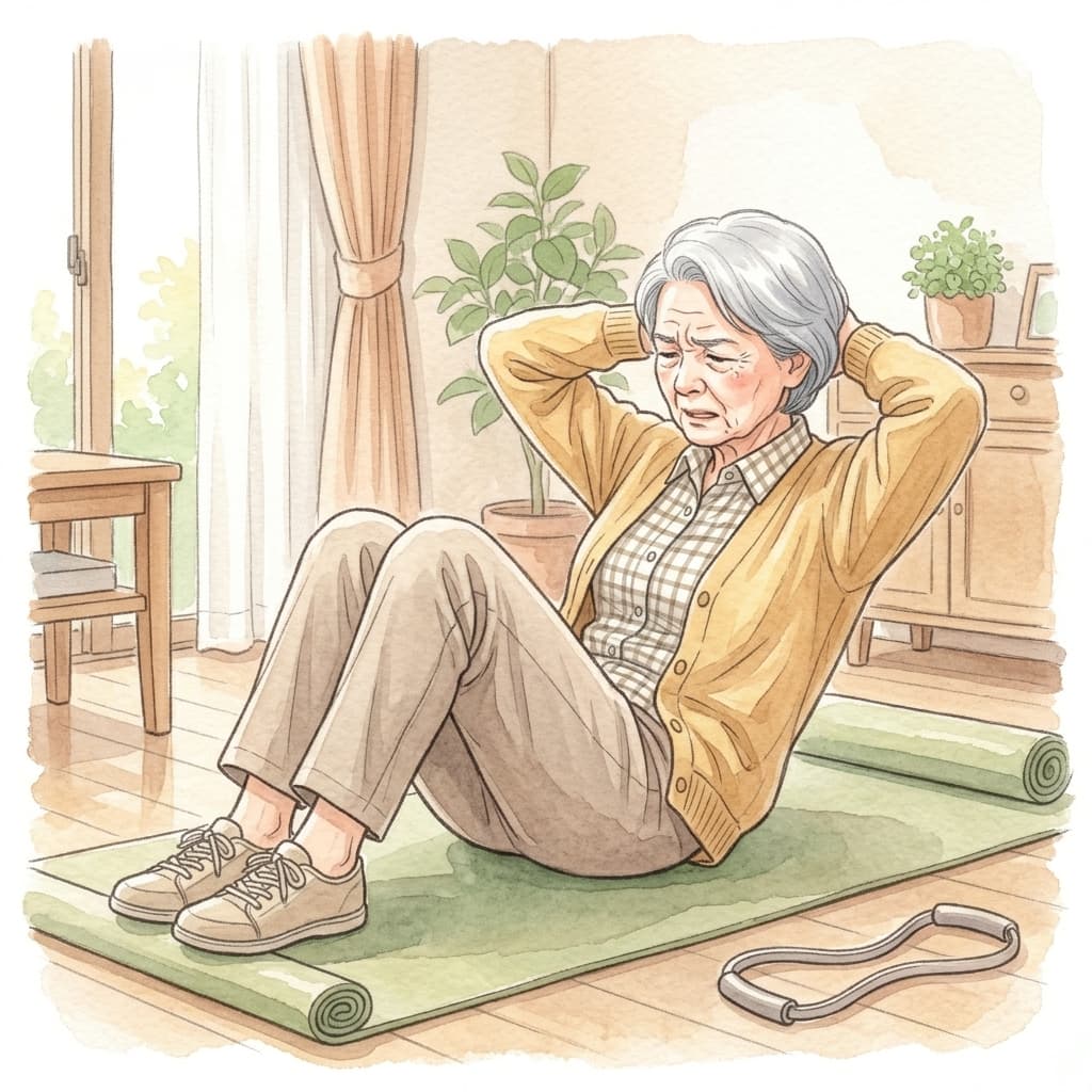 普通の腹筋運動(上体起こし)をする高齢の女性