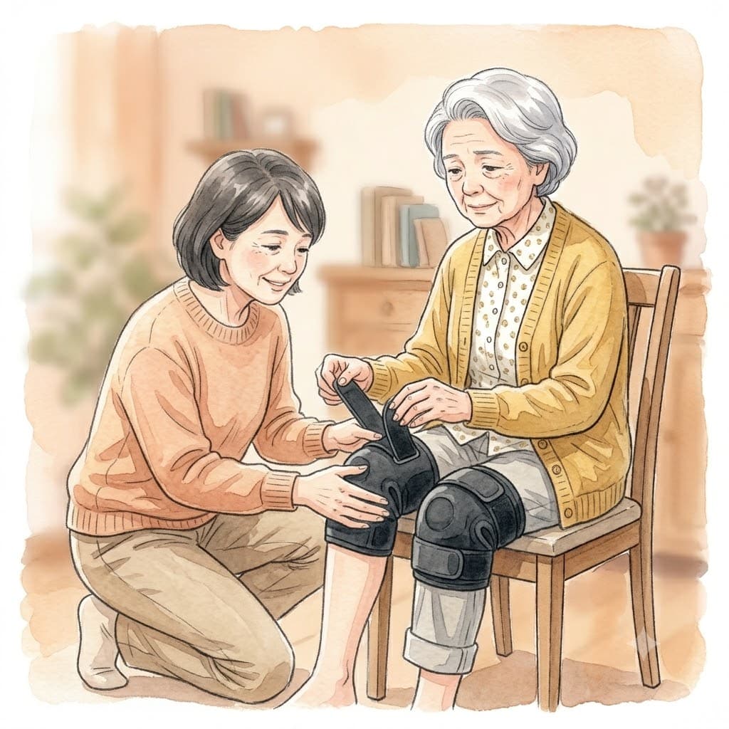 面ファスナー式の膝サポーターを家族が親に着けてあげるイラスト
