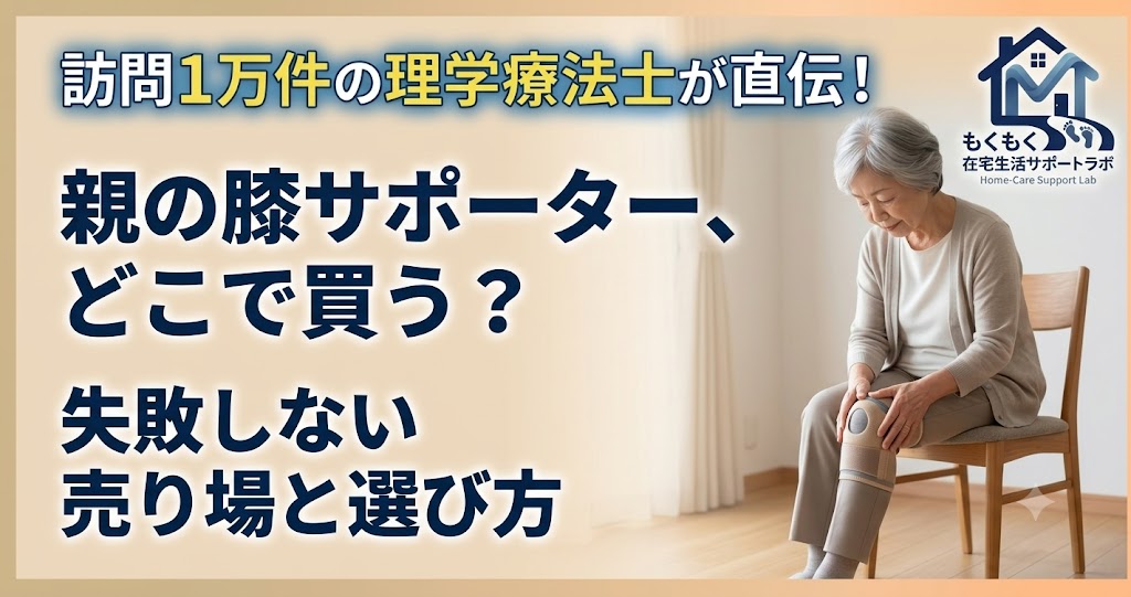膝にサポーターをつけた高齢女性のイラストと「膝サポーターはどこで売ってる？」の文字が入ったアイキャッチ画像