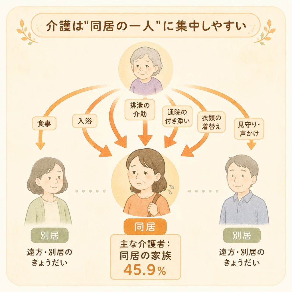 一人で親の介護を抱え込む家族のイメージ
