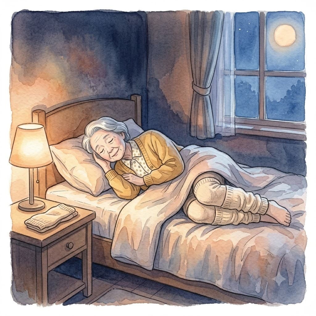 夜、膝にレッグウォーマーをかけて締めつけず温めて眠る高齢女性のイラスト