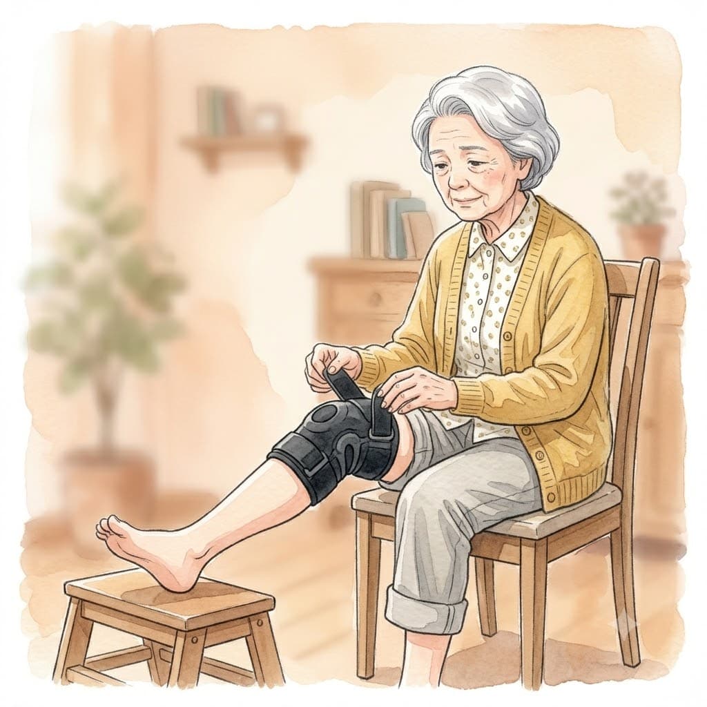 膝サポーターを正しい位置に着けた高齢者の脚のイラスト