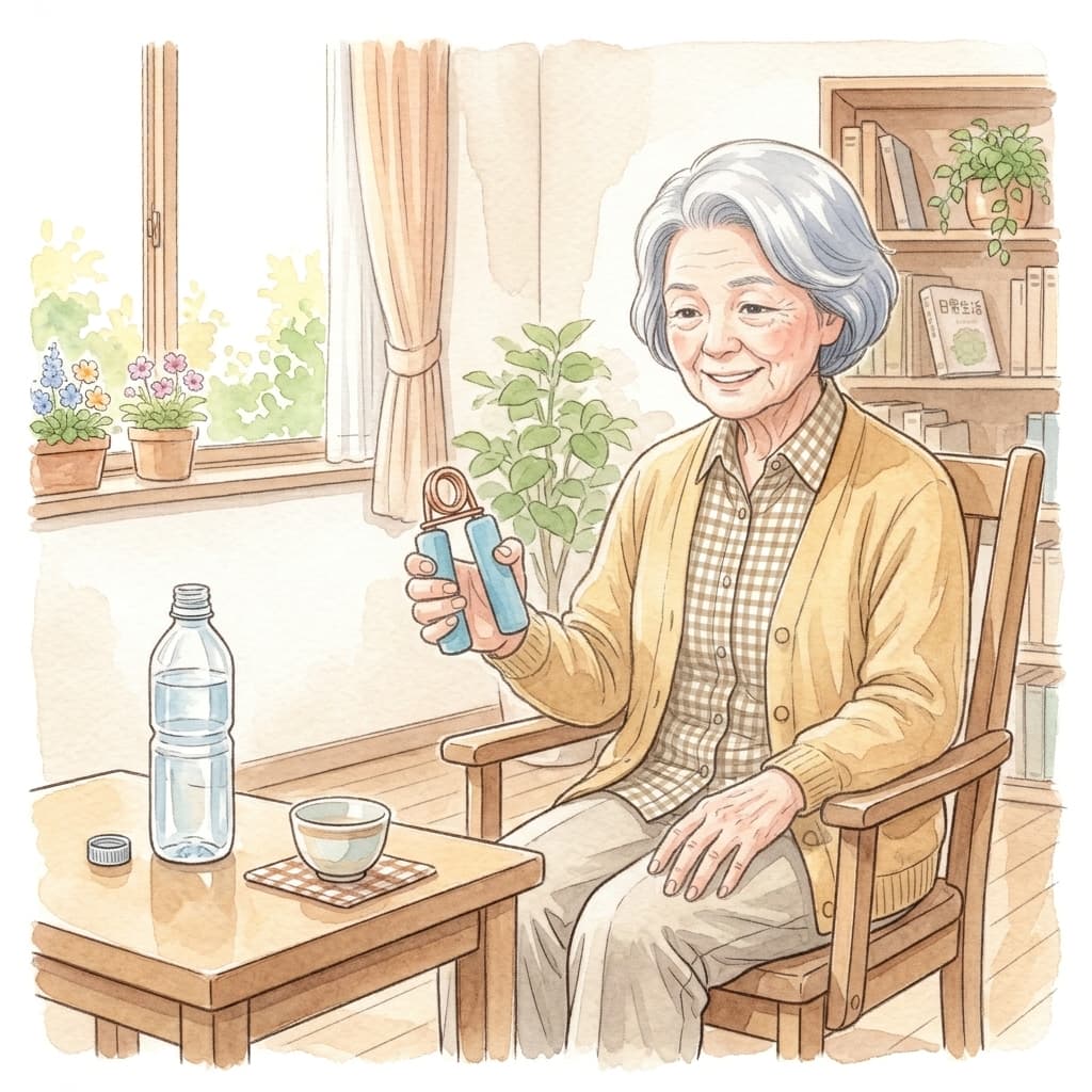 高齢女性が自宅で柔らかいハンドグリップを無理なく握る様子のイラスト