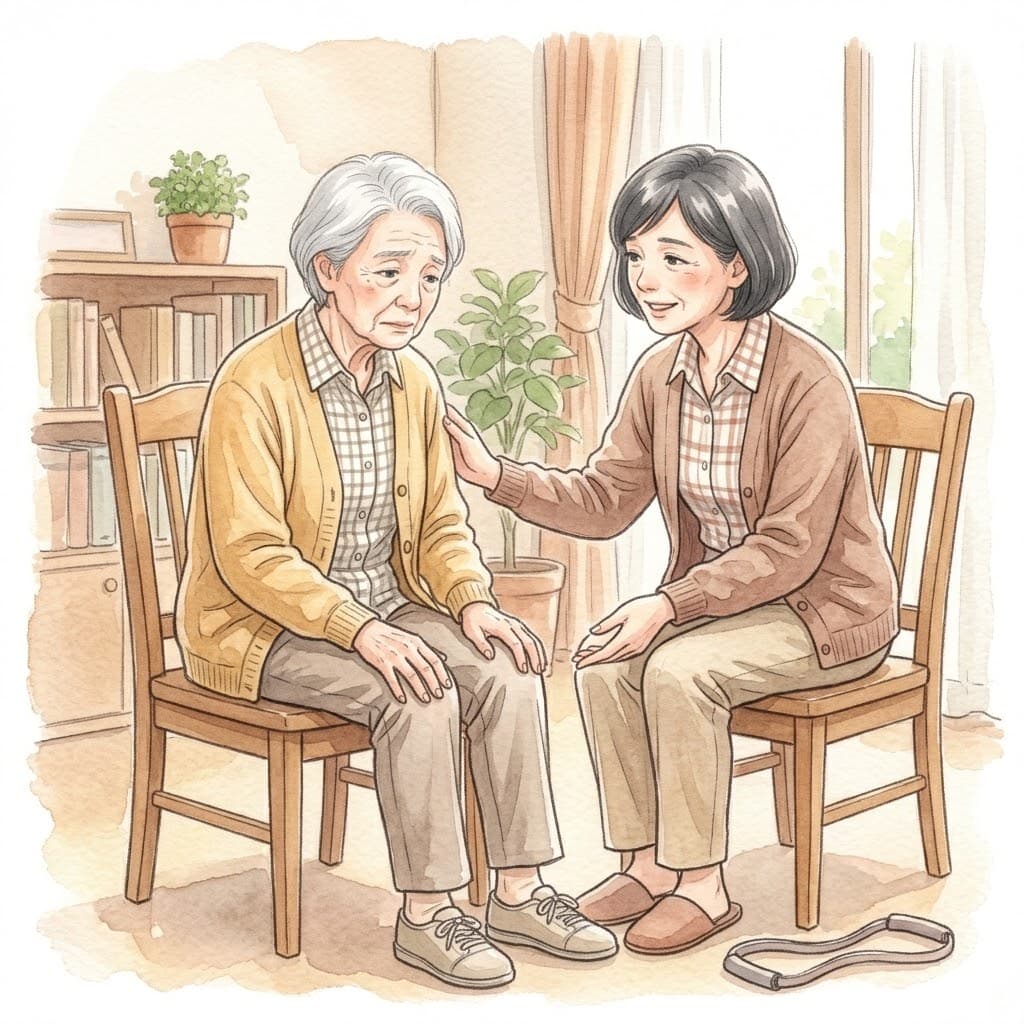 スクワットが高齢者に危険かどうか不安に思う高齢の親と家族のイラスト