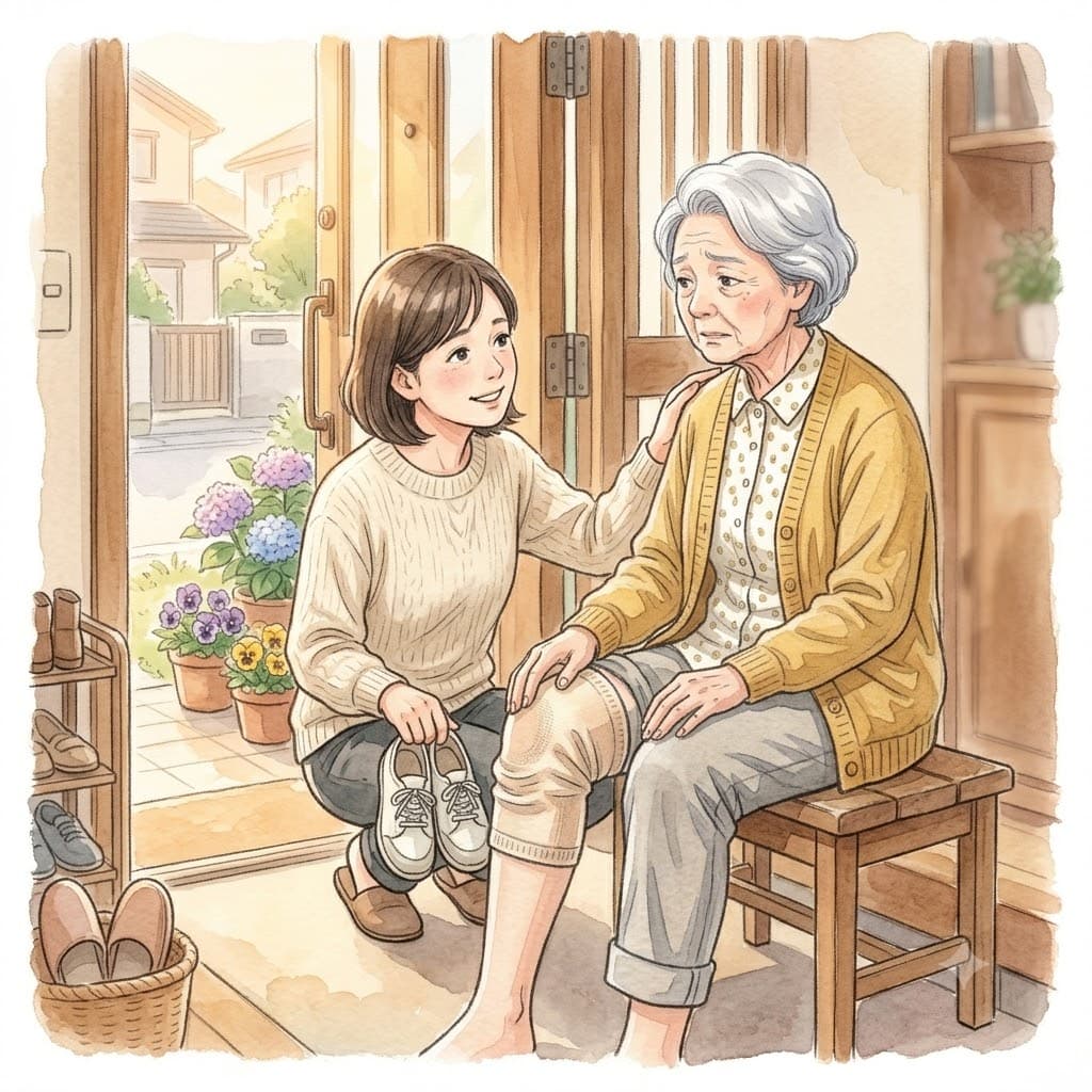 膝の痛みで外出をためらう高齢の女性と、寄り添って外出に誘う家族