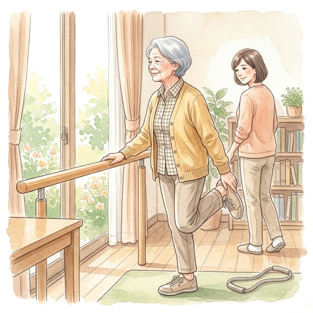 手すりのそばで片足立ちをする高齢女性