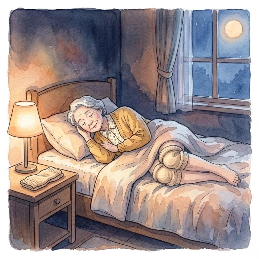 夜眠る間に膝サポーターがずれて太ももに上がってしまった高齢女性のイラスト