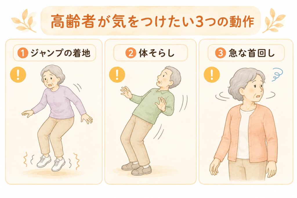 高齢者が気をつけたいラジオ体操の3つの動作(ジャンプの着地・体そらし・急な首回し)を示すイラスト