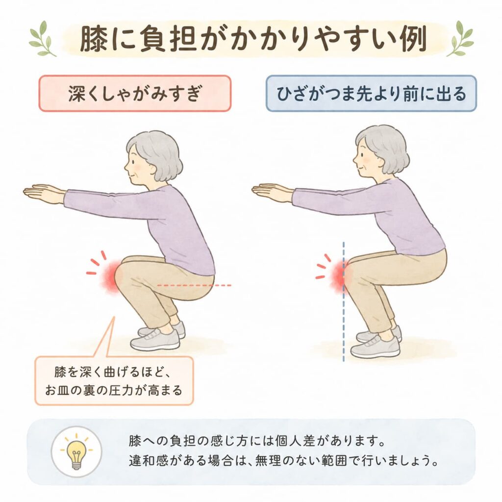 スクワットで膝に負担がかかりやすい姿勢を示す解説図