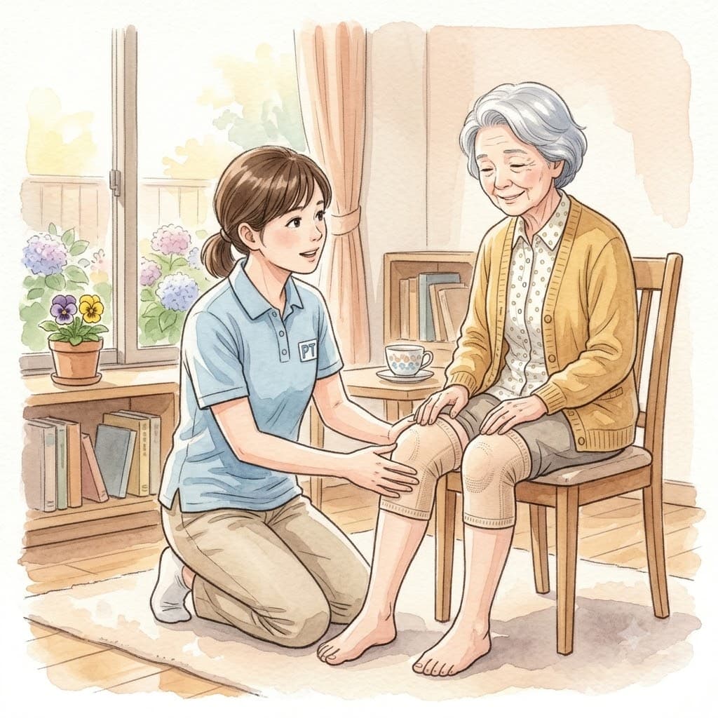 高齢女性の膝の状態を確認しながら相談にのる理学療法士