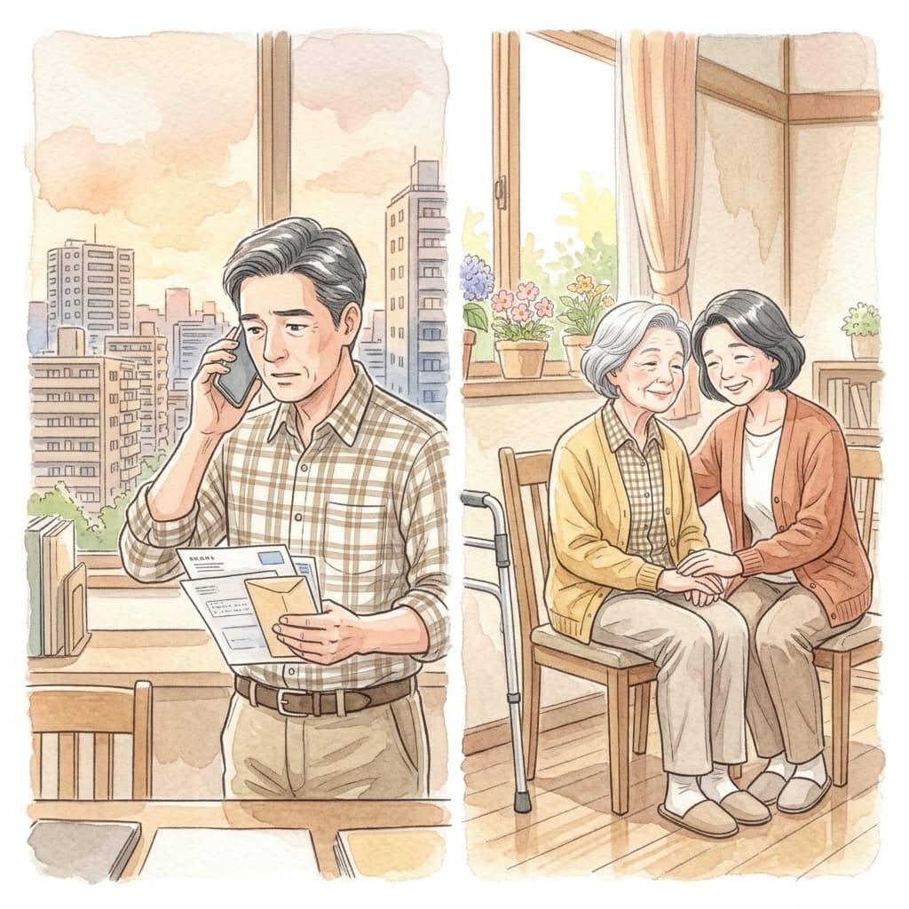遠方の兄弟がお金や手続きで介護に関わる様子のイメージ