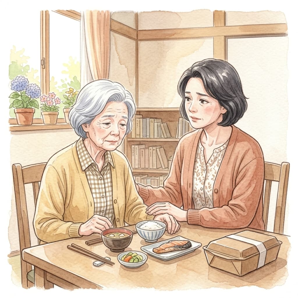 食が細くなった高齢の親に寄り添う家族のイラスト