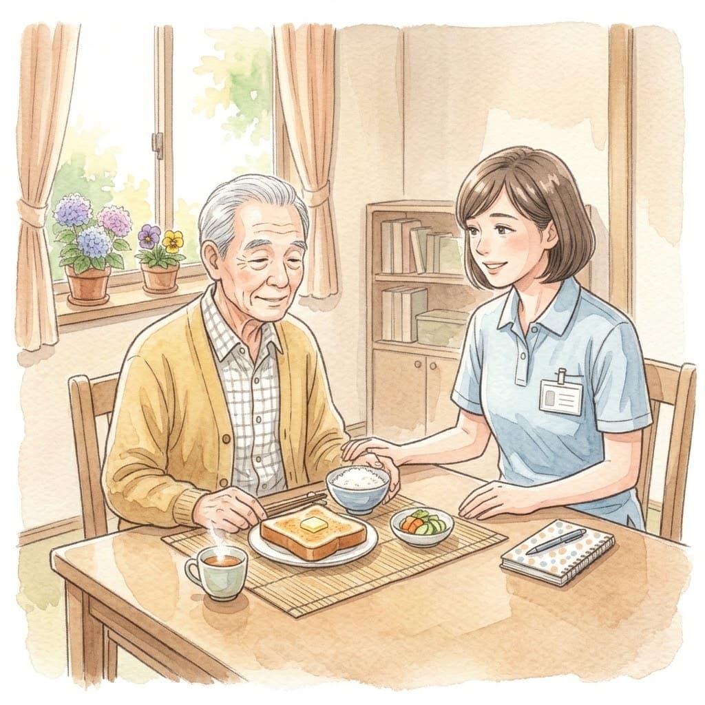 訪問リハビリの理学療法士が高齢男性の自宅で食卓の様子を確認するイラスト