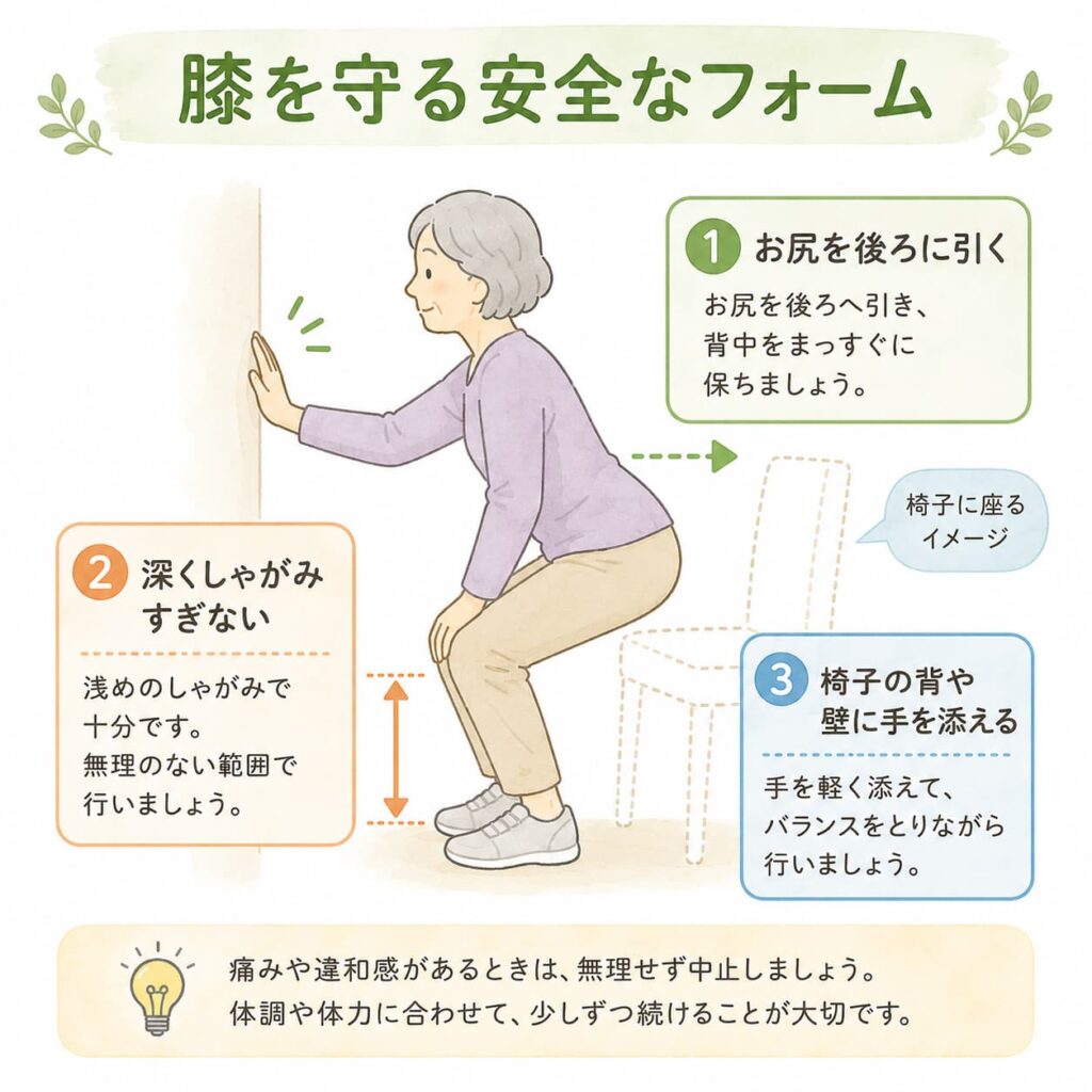 膝を守る安全なスクワットのフォームを示す解説図