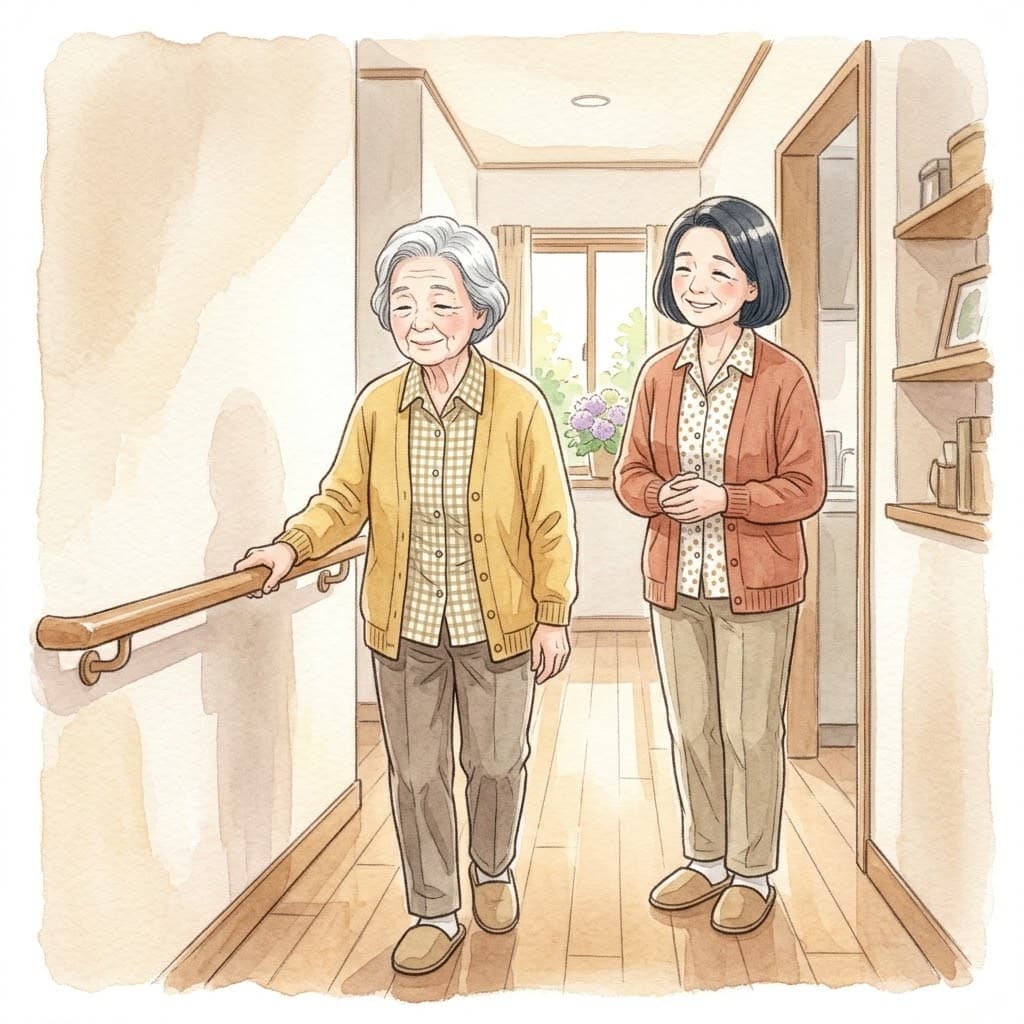 廊下の手すりにつかまって自分の足で歩く高齢女性と、斜め後ろで見守る家族