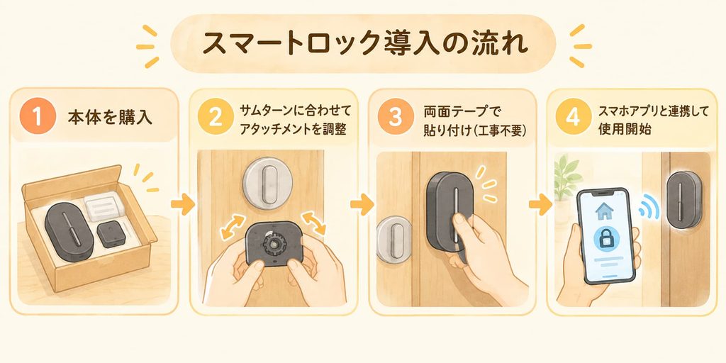 スマートロック導入の流れを示す4ステップの図
