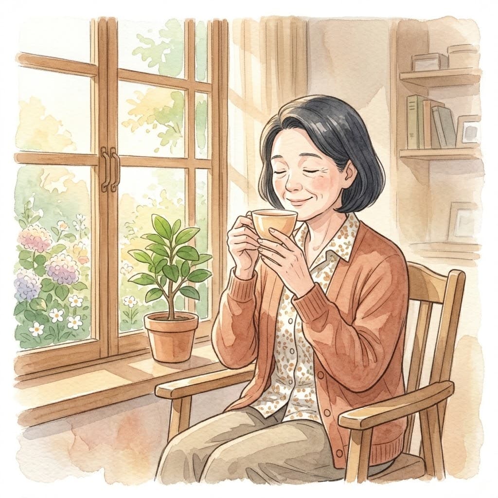 介護を終え、朝の窓辺でお茶を飲む女性の水彩イラスト