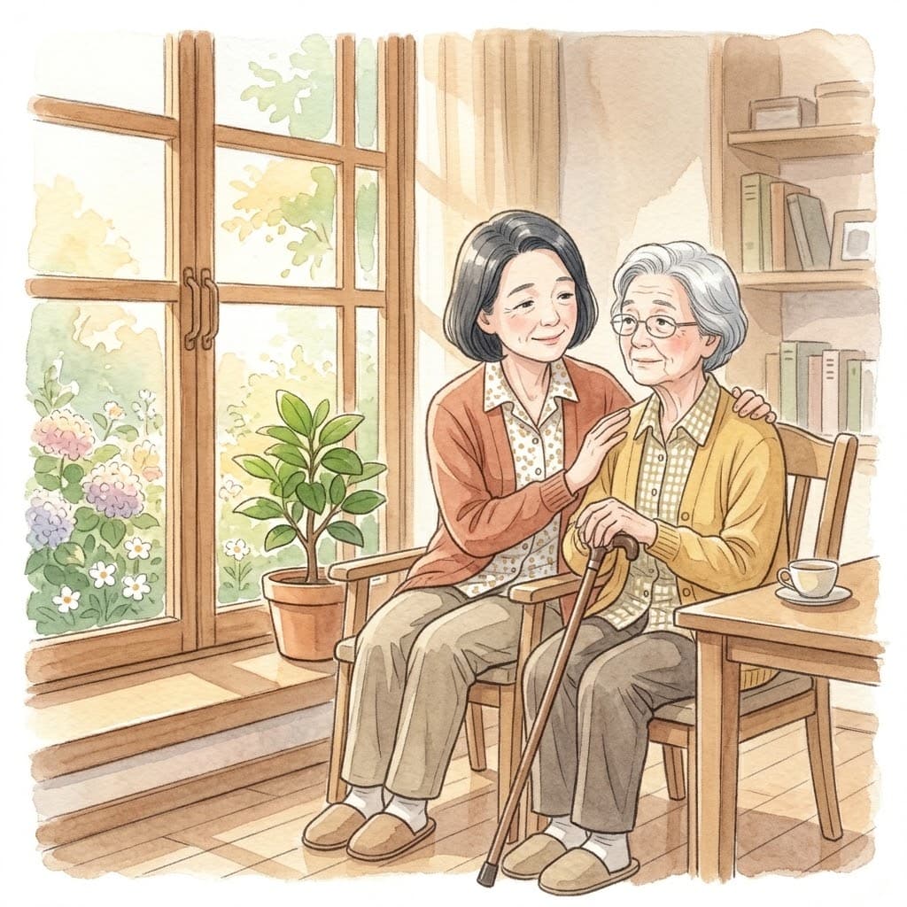 良かれと思って高齢の親を制止し、先回りで介助してしまう家族のイメージ