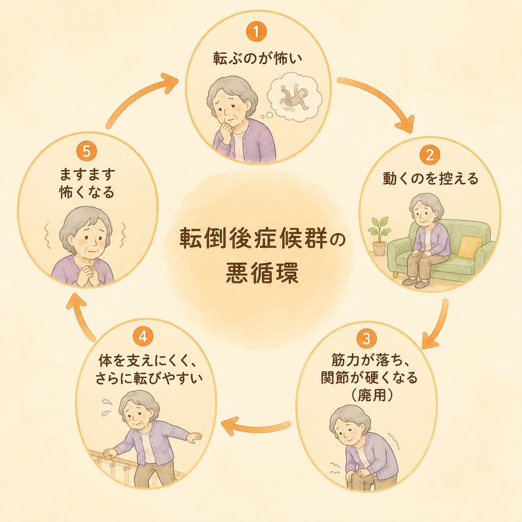 転倒への恐怖から動かなくなり、悪循環に陥っていく高齢者のイメージ