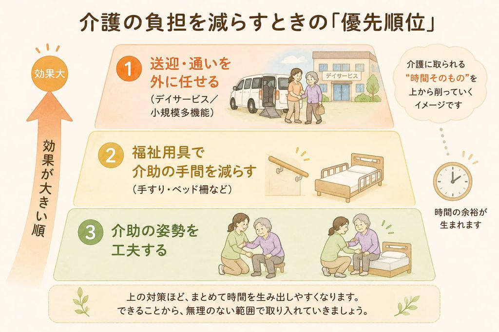 介護の負担を減らす優先順位(送迎・通い、福祉用具、介助姿勢)を示す図解