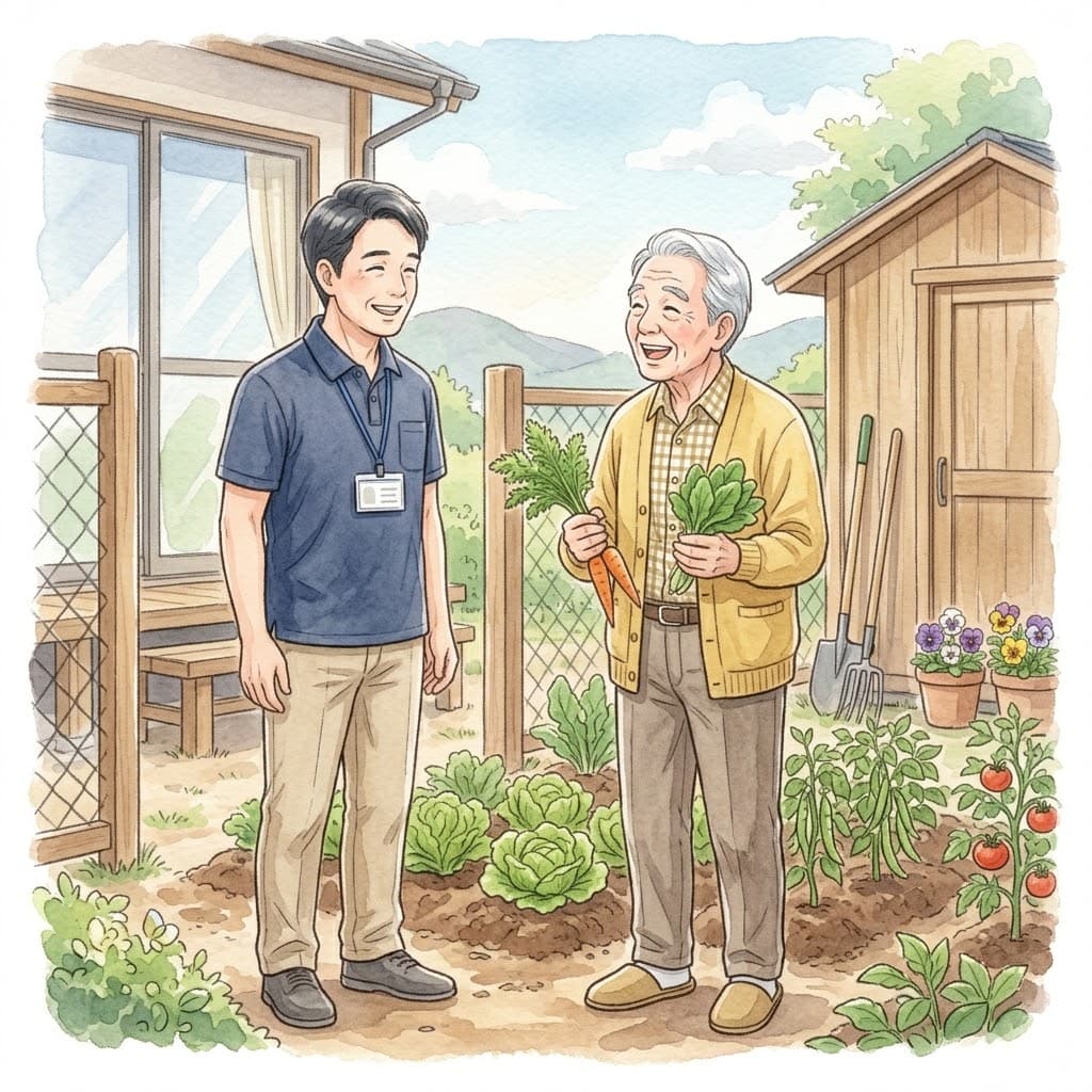家庭菜園で収穫したニンジンや葉物を手に、うれしそうに話す高齢の男性と、笑顔で耳を傾ける理学療法士