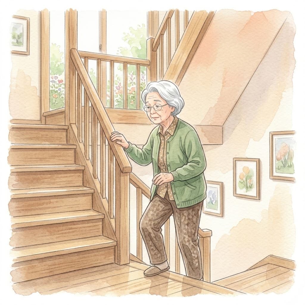 手すりにつかまり安心した表情で階段を上る80代の高齢女性