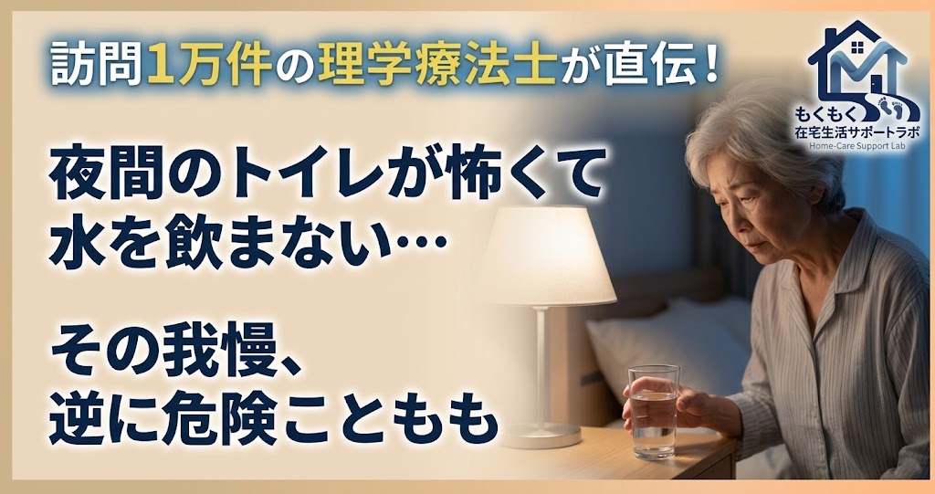 夜間のトイレが怖くて水を飲まない高齢の親と、水分制限のタイプ別の見分け方を解説する記事のアイキャッチ