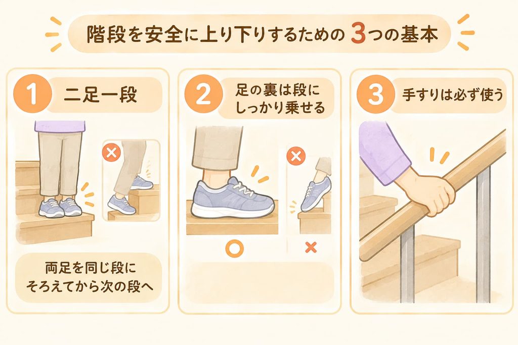 高齢者が階段を安全に上り下りする基本（二足一段・足裏全体・手すり）の図解